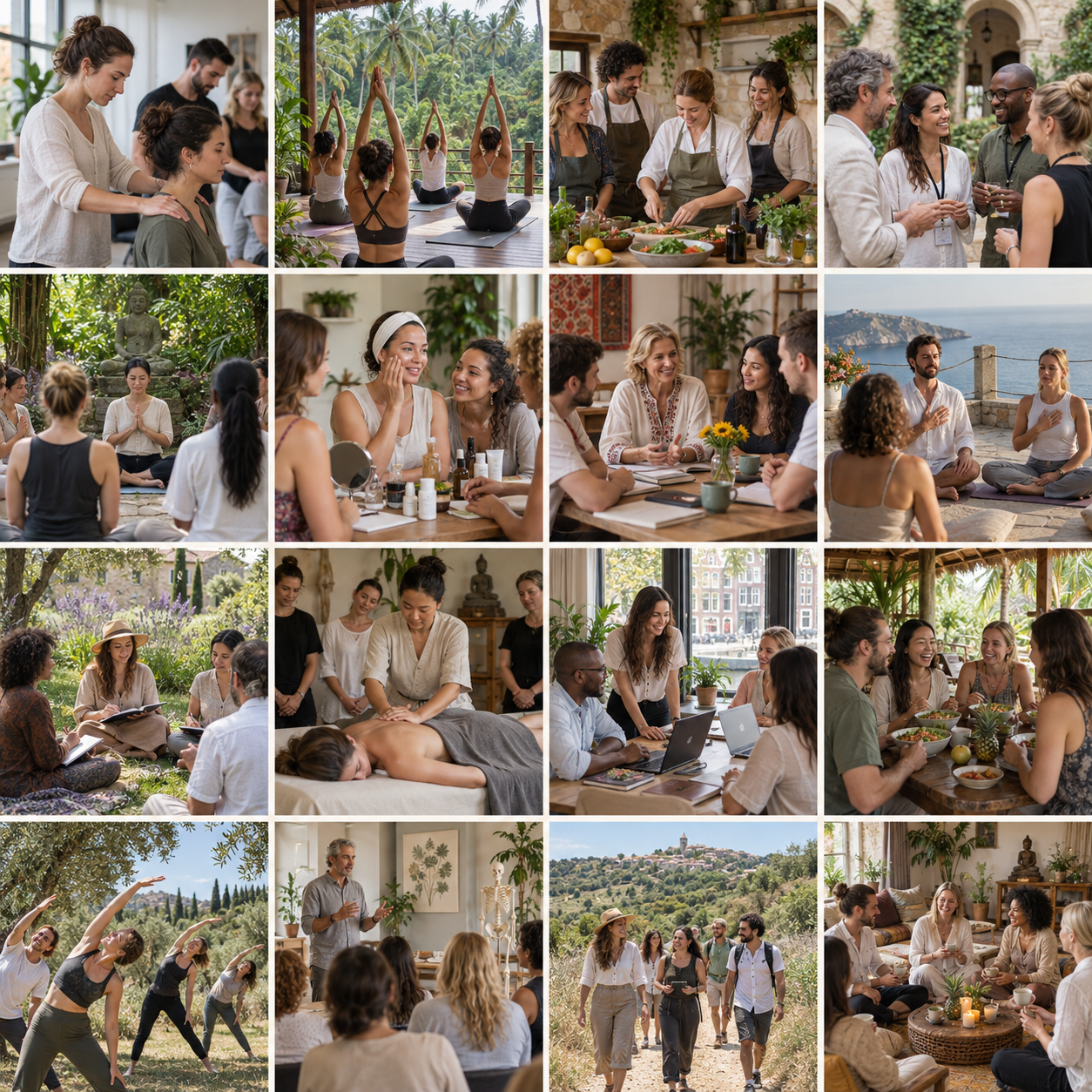 A 4 by 4 collage of community experiences: bodywork and skincare workshops, yoga, meditation, breathwork, cooking, mentoring, networking, journaling, business learning, shared meals and nature walks in varied international settings.