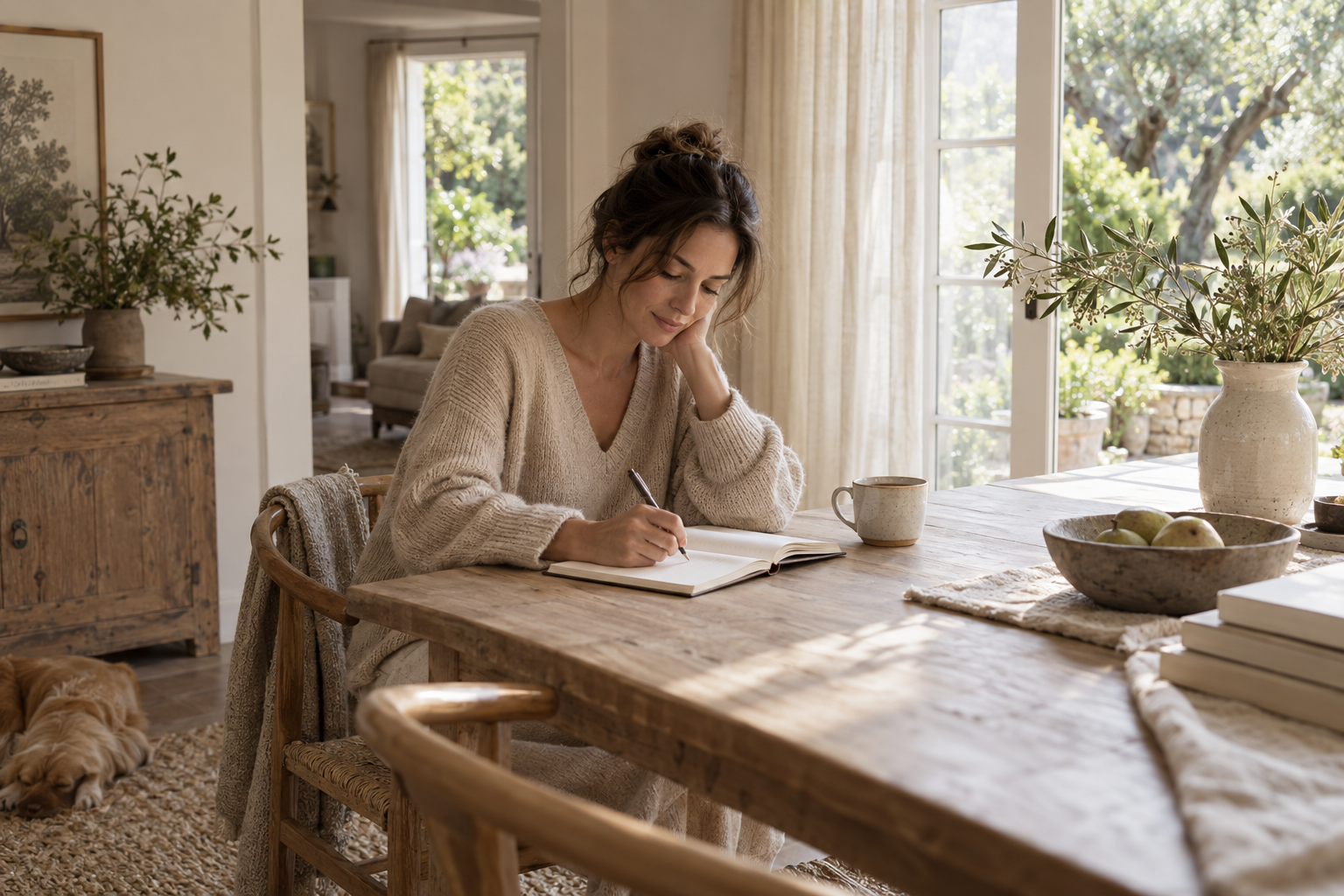 A woman writing in a notebook beside a cup of tea at a sunlit table overlooking a garden.