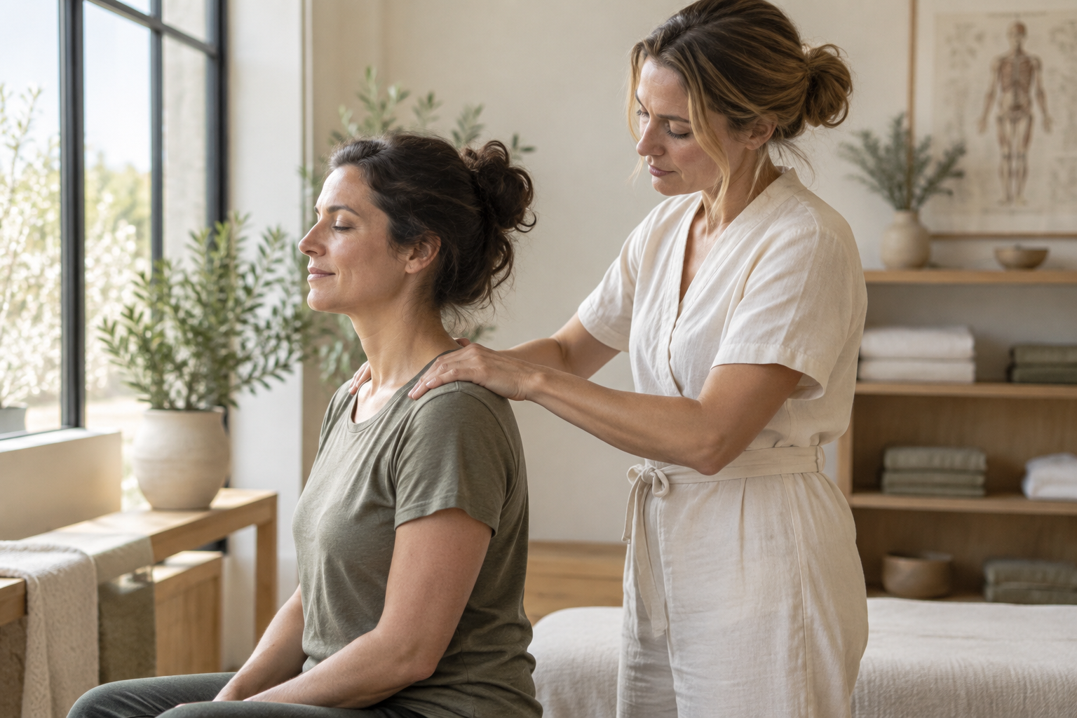 A practitioner gently resting her hands on a seated client’s shoulders in a bright bodywork studio.