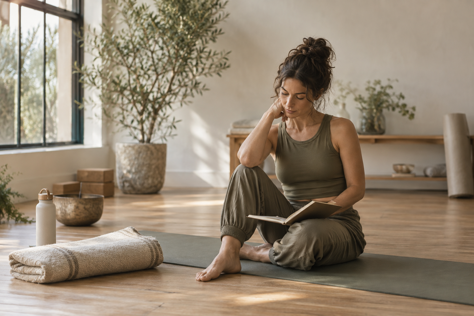 A wellness practitioner seated on a yoga mat, reflecting with an open notebook in a light studio.