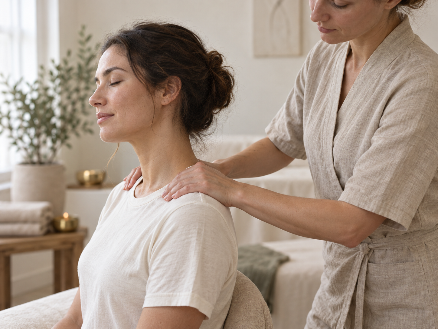 Practitioner demonstrating shoulder massage on a seated, clothed client