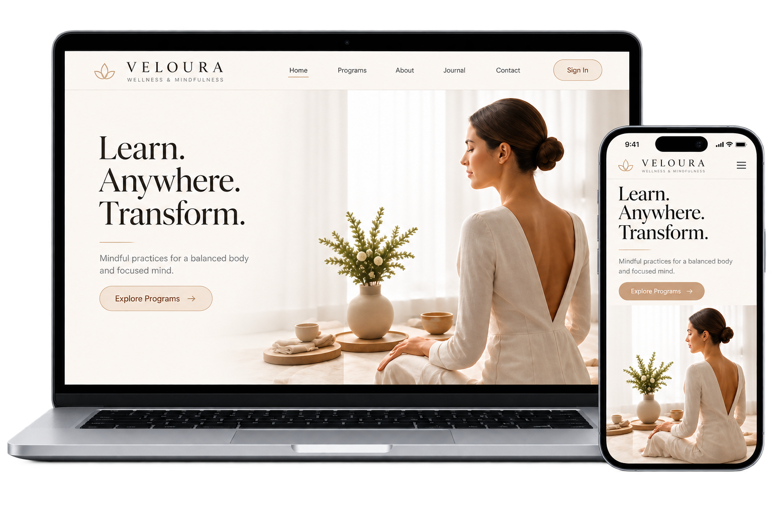 Veloura online academy displayed on a laptop