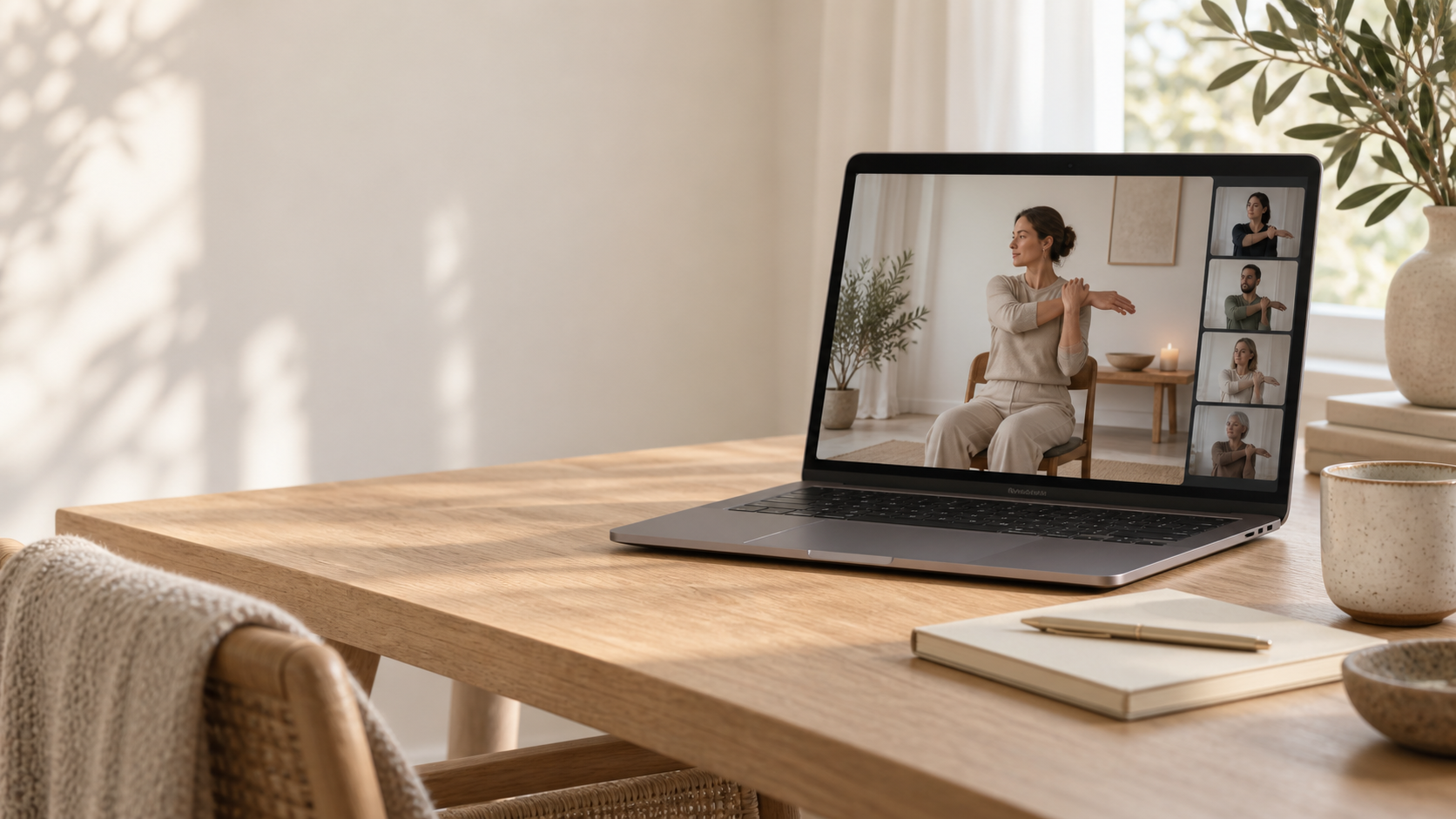 Laptop displaying an online wellness class on a warm oak desk