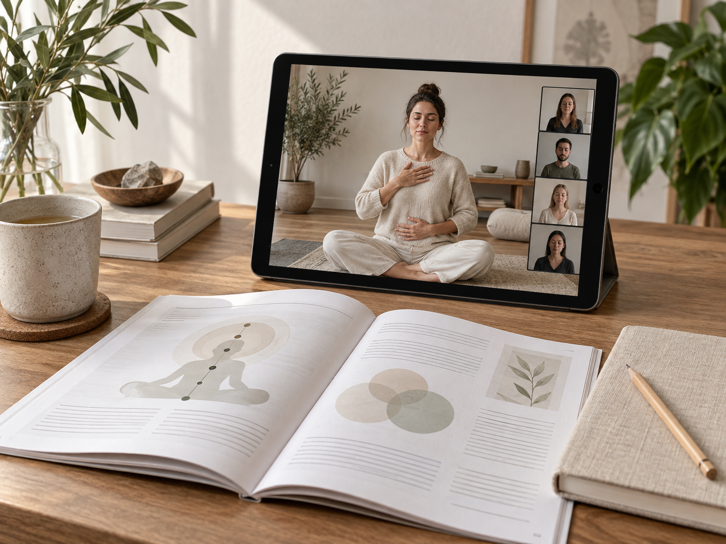 Tablet showing an online breathing class beside a study workbook and notebook