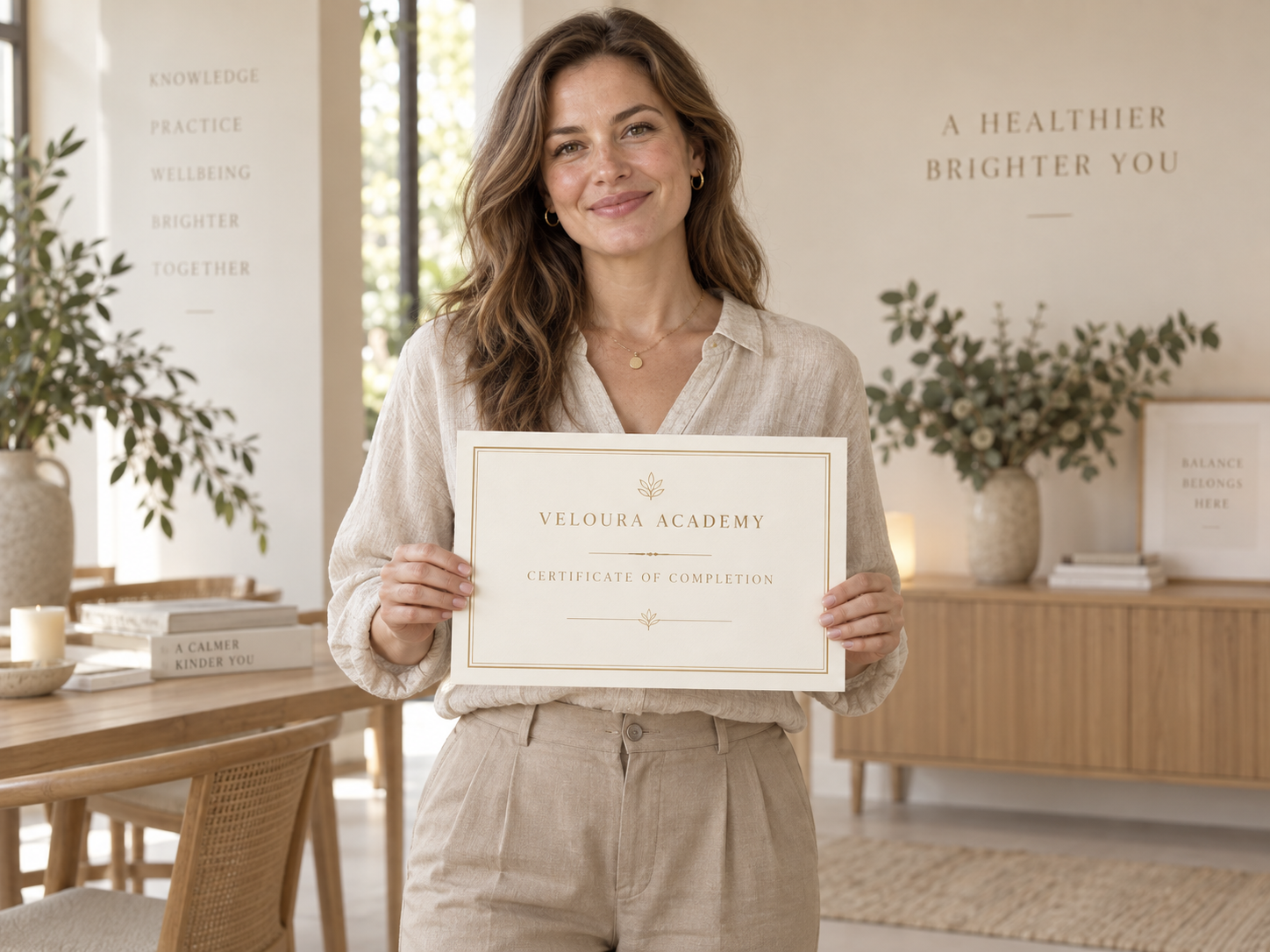 Illustrative portrait of a female student proudly holding a Veloura Academy certificate