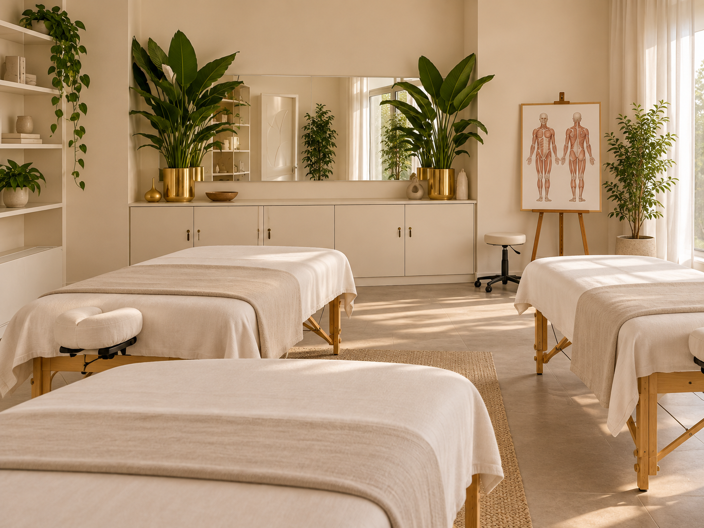 Illustrative bodywork training room with cream-covered practice tables and an anatomy chart
